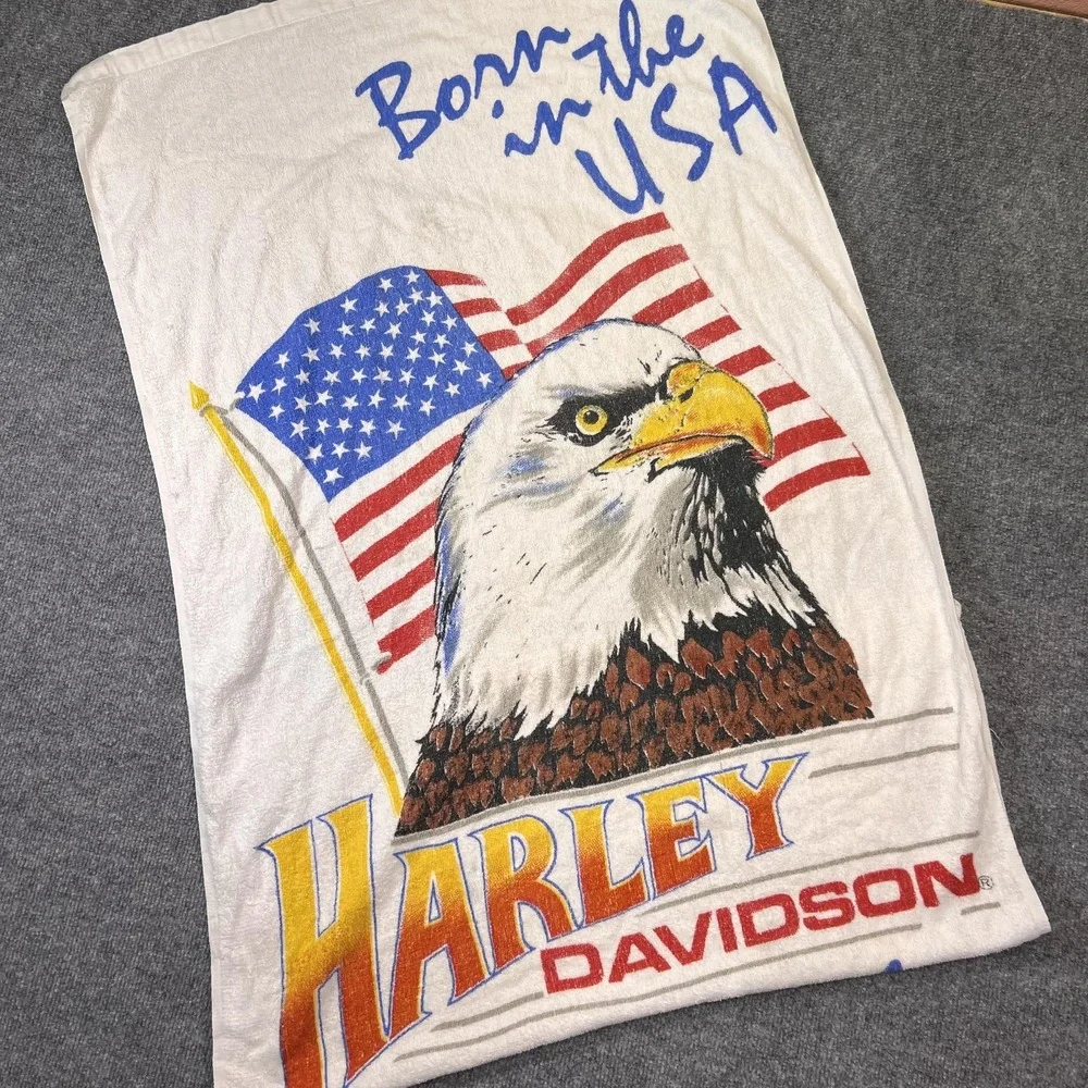 Harley-Davidson Beach Towel Born In The USA Eagle Flag Cotton America White